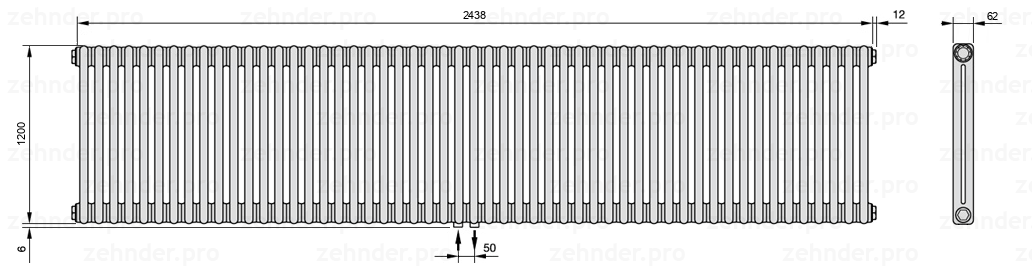 Схема (чертеж) Радиатор Zehnder Charleston 2120/53 №3470 Белый глянцевый RAL 9016